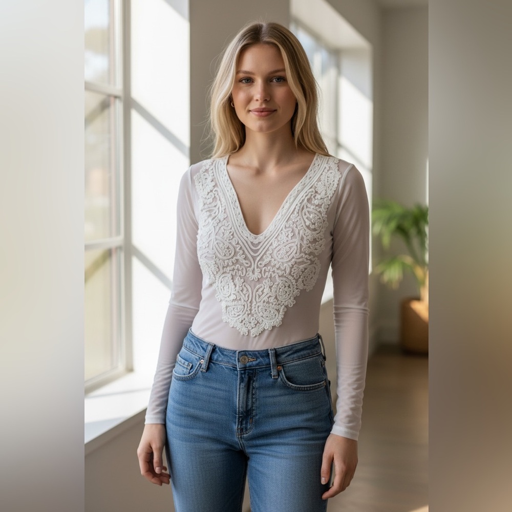 Elegant White Lace Embellished Women's Top